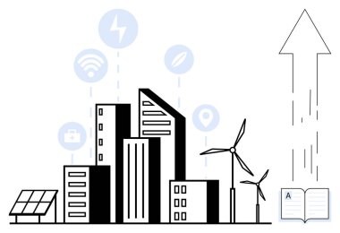 Akıllı şehirler, yenilenebilir enerji, yeşil teknoloji, dijital yenilik, şehir planlaması, sürdürülebilirlik. Modern binalar, rüzgar türbinleri, güneş paneli dijital arayüz simgeleri ve yukarı doğru bir ok