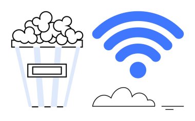 Akım konsepti. Patlamış mısır ve kablosuz iletişim çevrimiçi medya tüketimi ve dijital eğlence. Seyirciyi filmler, TV ve canlı içeriklere bağlıyor. Medya ve teknoloji için harika.