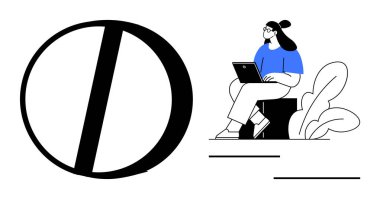 İş konsepti. Görev için dizüstü bilgisayar kullanan bir kadın, modern tasarım elementlerinin yanında oturuyor. İş dijital, işbirlikçi ve bağlantılıdır. Teknoloji, üretkenlik ve yaratıcılık için mükemmel.