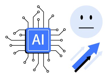 Yapay zeka, makine öğrenimi, teknoloji yeniliği, duygusal analiz, veri trendleri, ilerleme. Devrelerle çevrili yapay zeka çipi, yukarı bakan tarafsız yüz okları. Yapay zeka