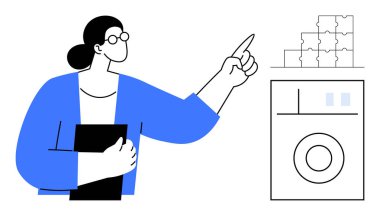 İş akışı görselleştirmesi. Kadın iş akışını bulmaca elemanları ve akış çizimi ile açıklıyor. Çalışma akışı süreci ve çözümleri basitleştirir. Proje yönetimi, eğitim, strateji, iş için