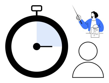 Büyük kronometre, kısmi aydınlatma, eğitmen belgeye işaret ediyor, minimalist insan figürü. Üretkenlik, eğitim, eğitim, zaman yönetimi, planlama, teslim tarihi organizasyon için ideal