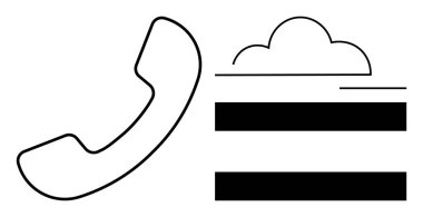 Bulut ve bar simgelerinin yanında siyah telefon alıcısı, iletişimi görselleştirme, bulut depolama ve ağ oluşturma. Teknoloji, iş dünyası, veri, iletişim sistemleri, bulut hesaplama ağı için ideal