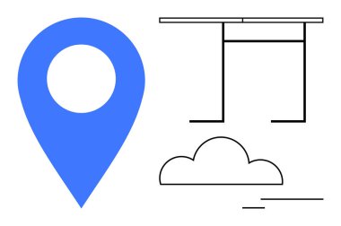 Navigasyon, hava tahmini, minimalizm, konum tabanlı hizmetler, soyut tasarım, yaratıcı kavramlar. Mavi lokasyon iğnesi, bulut ve soyut şekillerde bir masa. Seyrüsefer ve hava tahmini