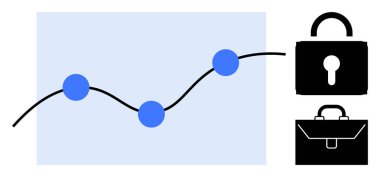Veri analizi, siber güvenlik, iş geliştirme, finansal planlama, gizlilik koruması, güvenli varlıklar. Noktalı grafik eğrisi, kilit ve evrak çantası simgeleri. Veri analizi ve siber güvenlik