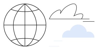 Küresel bağlantı, hava tahmini, dijital iletişim, internet teknolojisi, çevre bilimi, iklim değişikliği. Küre çizgileri ve bulut şekilleri. Küresel bağlantı ve hava tahmini