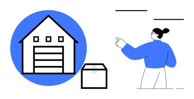 Lojistik, teslimat, envanter yönetimi, e-ticaret, depolar, iş operasyonları. Grafiksel bir depo, bir paket ve işaret eden biri. Lojistik ve dağıtım hizmetleri kavramı