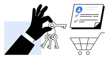 El ele tutuşmak erişimi ya da sahip olmayı sembolize eder. Profil listesi ve alışveriş arabasıyla birlikte karar verme, kimlik ve satın alma işlemleri de yapılıyor. Güvenlik ve e-ticaret için ideal.