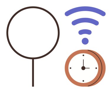 Büyüteç, saat ve kablosuz sinyal arama, bağlantı ve zaman optimizasyonunu simgeliyor. Araştırma, ağ oluşturma, internet verimliliği zaman yönetimi teknolojisi basitliği için idealdir. Asgari