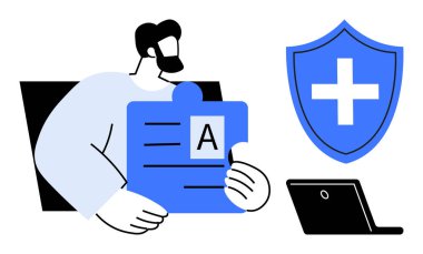 Sağlık sigortası, veri koruması, gizlilik politikası, dijital kayıtlar, siber güvenlik, kimlik doğrulama. Elinde belge tutan kişi, haçlı kalkan ve dizüstü bilgisayarı olan kişi. Sağlık güvenliği ve verileri