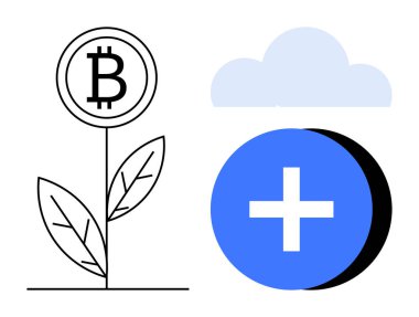 Bitcoin büyüme konsepti. Bitcoin bitkisel büyüme finans yatırımı, bulut ve artı işaret elementleriyle eşleştirildi. Bitcoin, dijital para birimi ve eko-finans yeniliği. Engelleme zinciri ve fintech için uygun