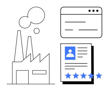 Buhar yayan bacaları, kullanıcı arayüzü penceresi ve 5 yıldızlı kullanıcı profili olan bir fabrika. Endüstri eğilimleri, web tasarımı, kalite güvencesi, müşteri geribildirimi, kullanılabilirlik testi, iş dünyası için ideal