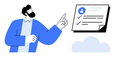 Adam, bir profil belgesine doğru hareket ediyor. Liste ve profil resmi içeren bir belgeye. Bulut eşliğinde. Konseptler için ideal hesap oluşturma, profil yönetimi, görev izleme, çevrimiçi