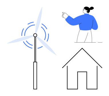 Yenilenebilir enerji, sürdürülebilirlik, çevre dostu yaşam, güç üretimi, toplum bağlantısı, temiz teknoloji. Rüzgar türbini, ev ve işaret eden bir figür. yenilenebilir enerji ve sürdürülebilirlik