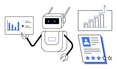 Robot veri tablolarını çubuklarla, yükselen büyüme tablosuyla ve reytingli bir profil kartıyla analiz ediyor. Yapay zeka, veri analizi, işe alım, inceleme sistemleri, otomasyon, robot bilimi için ideal