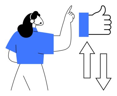 Kullanıcı geribildirim kavramı. Baş parmaklar yukarı, baş parmaklar aşağı, yukarı ve aşağı oklar ve etkileşimi gösteren kişi tarafından kullanıcı geribildirimi. Dijital platformlar, reytingler, iletişim, ürün değerlendirmeleri için