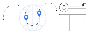 Siber güvenlik, küresel koruma, veri gizliliği, yer izleme, güvenli erişim, kullanıcı doğrulaması. İğneli bir dünya, bir anahtar ve bağlantı hatları. Siber güvenlik ve küresel koruma kavramı