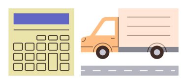 Hesap makinesinin yanındaki yolda giden kargo kamyonu nakliye, nakliye maliyeti hesaplaması ve lojistik verimliliği sembolize ediyor. Finans, ticaret, planlama, ulaşım, bütçe hesapları için ideal