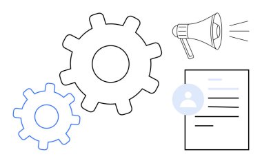 İş operasyonları, iletişim, pazarlama stratejisi, süreç optimizasyonu, takım çalışması, iş akışı yönetimi. Vites, megafon ve kullanıcı simgesi olan bir belge. İş operasyonları ve iletişim
