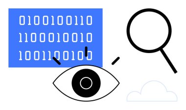 İkili veri bloğu gözlemleyici bir göz, büyüteç ve bir bulut ile eşleştirildi. Veri analizi, siber güvenlik, bilgi gizliliği, bulut hesaplama, makine öğrenme, araştırma için ideal