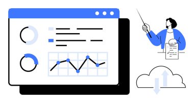 Çizelgeler, grafikler, bulut senkronizasyonu ve sezgileri açıklayan sunucu ile analitik ekran. Veri analizi, iş stratejisi, bulut teknolojisi, eğitim, finans takımı modern tasarımı için ideal. Temiz