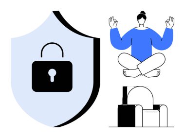 Siber güvenlik, sağlık, veri koruması, farkındalık, kişisel bakım, teknoloji. Kilit sembollü kalkan, meditasyon figürü ve sandalye. Siber güvenlik ve sağlık görüntüsü