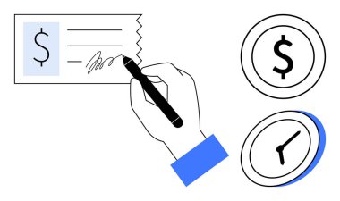 Finans, ödeme işlemleri, zaman yönetimi, para işlemleri, bütçe, bankacılık. Dolar ve saat simgeleri içeren bir çek imzalıyorum. Finans ve ödeme işleme kavramı