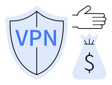 VPN kalkanı, el hareketi ve para çantası çevrimiçi güvenlik, veri koruması ve güvenli işlemler kavramlarını gösteriyor. Siber güvenlik için ideal, veri gizliliği farkındalığı, kripto para birimi, fintech