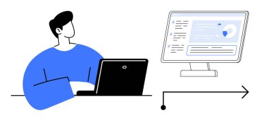 Veri analizi, dijital iş süreçleri, teknoloji arayüzü, iş akışı yönetimi, çevrimiçi iletişim, profesyonel görevler. Dizüstü bilgisayarı ve monitörü olan kişi analitiği gösteriyor. Veri analizi