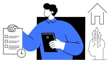 Görev yönetimi. Verimlilik için kontrol listesi ve tableti olan görev yönetimi. İş akışlarını optimize eden ve proje planlaması, üretkenlik uygulamaları için kişisel veya profesyonel hedeflere ulaşan görev yönetimi