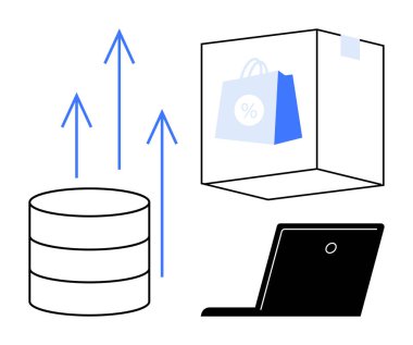 E-ticaret, perakende analizi, veritabanı yönetimi, online alışveriş, dijital satış, pazarlama eğilimleri. Veritabanından yükselen oklar, bir alışveriş çantası ve bir laptop. E-ticaret ve perakende analizleri