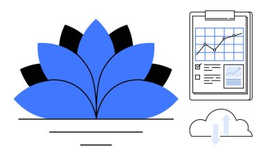 İş stratejisi, veri görselleştirme, bulut hesaplama, büyüme analizleri, yenilik, refah. Nilüfer çiçeğinin grafiği, veri tablosu ve bulut yükleme sembolü olan pano. Büyüme analizleri