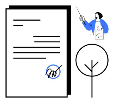 İmzalı belge, bir konsepti gösteren sunucu ve minimalist bir ağaç. Anlaşmalar, büyüme, yasal süreçler, eğitim, sunumlar, sürdürülebilirlik takım çalışması için idealdir. Basit düz