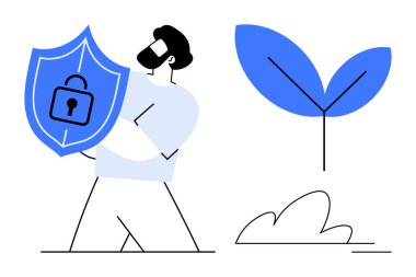 Veri koruması, çevresel sürdürülebilirlik, büyüme, siber güvenlik, yenilik, güvenlik. Bir bitkinin yanında kilit altında bir kalkan tutan adam. Veri koruması ve çevresel sürdürülebilirlik kavramı