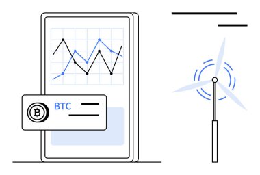 Yenilenebilir enerji, engelleme teknolojisi, çevre dostu finans, piyasa analizi, yeşil yatırımlar, temiz enerji çözümleri. BTC grafiği ve rüzgar türbini ikonu olan bir akıllı telefon ekranı. Yenilenebilir enerji