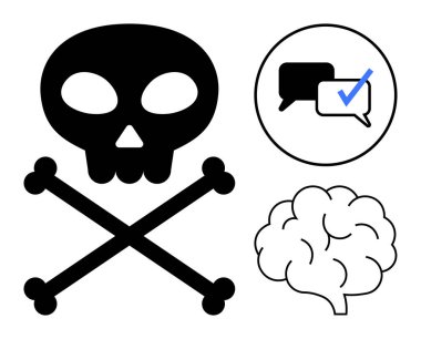 Kafatası, çapraz kemikler, beyin ve işaretli diyalog baloncukları. Tedbir için ideal, karar verme, iletişim, eleştirel düşünme tehlike sağlığı farkındalığı yönetimi. Basit düz metafor
