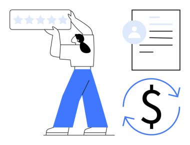 Müşteri memnuniyeti, çevrimiçi değerlendirmeler, mali yönetim, geri bildirim sistemleri, kullanıcı profilleri, hizmet değerlendirmesi. Kullanıcı profili ve dolar değişiminin yanında, bir yıldız derecelendirme simgesi tutan kişi