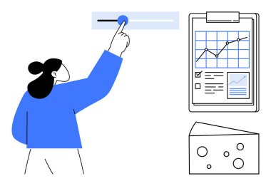 İş analizleri, kullanıcı arayüzü, veri yönetimi, iş akışı optimizasyonu, karar verme, ürün geliştirme. Veri tablosu ve peynir grafiğiyle kaydırma tahtasının yanındaki kaydırmayı ayarlayan kadın. İş dünyası