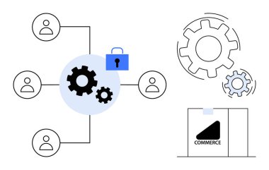 Ağ güvenliği, veri gizliliği, e-ticaret, iş akışı optimizasyonu, işbirliği, güvenli işlemler. Kilitli ve vitesli kullanıcı simgeleri, ticari görseller. Ağ güvenliği ve veri gizliliği