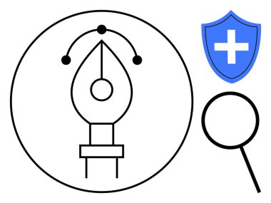 Grafik tasarımı, siber güvenlik, arama araçları, kimlik koruması, sağlık teknolojisi, yaratıcı hizmetler. Kalem aleti simgesi, çapraz büyüteçli kalkan. Grafik tasarımı ve siber güvenlik