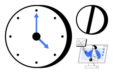 Zaman yönetimi. Okları olan bir saat ve ekranda profesyonel görevler. Zaman yönetimi verimliliği, görev organizasyonunu ve verimli programları geliştirir. İş, eğitim, iş akışı için