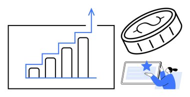Ekonomik büyüme, iş analizleri, çevrimiçi finans, yatırım stratejileri, fintech, piyasa eğilimleri. Tabletteki kişi ve madeni para simgesini gösteren bar çizelgesi. Ekonomik büyüme ve iş