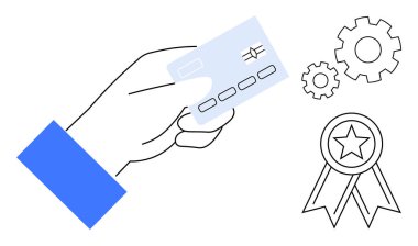 Finansal işlemler, ödeme işlemleri, e-ticaret, iş akışı yönetimi, verimlilik, başarı. Vitesli ve ödül kurdeleli bir kredi kartını tutan bir el. Ödeme işlemleri ve e-ticaret