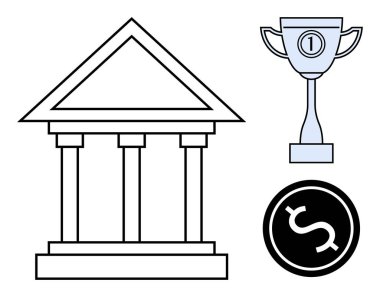 Finans kurumunun sembolleri. Banka binası, finans için dolar işareti ve bankacılık alanında zafer ödülü. Finansal başarı ve ekonomik başarılar. Ekonomi ve bankacılık için mükemmel.