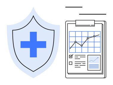 Tıbbi güvenlik, veri güvenliği, sağlık analizleri, risk yönetimi, sigorta kayıtları, klinik veri görselleştirmesi. Pano çizelgesinin yanında sağlık haçı olan bir kalkan. Tıbbi güvenlik ve veri