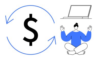 Finansal planlama, uzaktan çalışma, iş hayatı dengesi, verimlilik, gelir dengesi, farkındalık. Yuvarlak dolar sembolü, dizüstü bilgisayarcı meditasyon. Mali planlama ve uzak çalışma kavramları