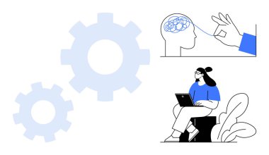 Bilişsel süreç. Vites zihinsel mekanizmaları ve problem çözme. Teknolojiden anlayan insan ve bilişsel süreci keşfeden beyin bağlantısının görüntüsü. Yaratıcılık, teknoloji, yapay zeka, beyin fırtınası