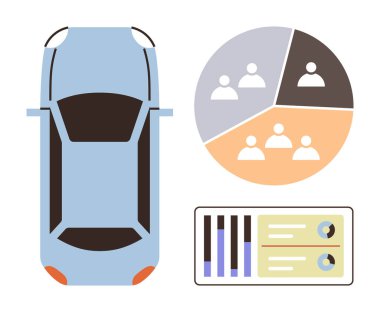 Mavi araba üst görünümü demografik pasta grafiği ve analitik gösterge paneliyle eşleştirilmiş. Araba analizi, ulaşım verileri, performans ölçümleri, iş zekası, nüfus grafikleri, lojistik, basit