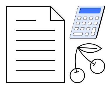 Finansal yönetim, muhasebe, sağlıklı yaşam tarzı, iş örgütü, planlama, eğitim. Kağıt belge, hesap makinesi ve kiraz ikonu. Mali yönetim ve muhasebe teması