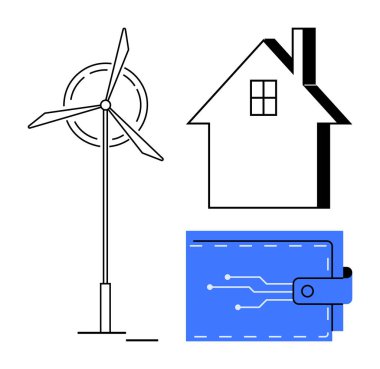 Yenilenebilir enerji, teknoloji, akıllı evler, dijital ödeme, çevre dostu yenilik. Yenilenebilir enerji ve akıllı ev kavramlarını vurgulayan rüzgar türbini, ev ve elektronik cüzdan özellikleri